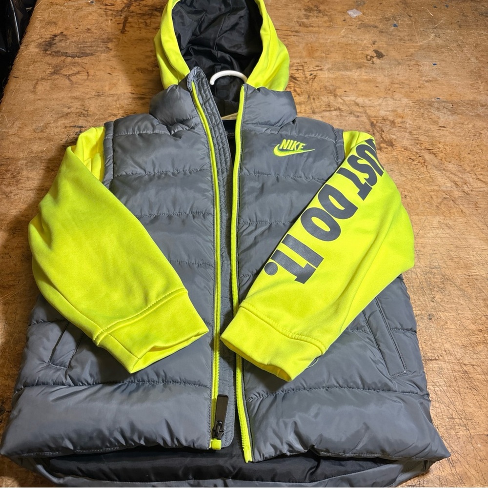 Nike Kids Neon Yellow and Gray Puffer Jacket